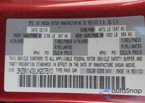 2018 Mazda Mazda3 Grand Touring z USA, uszkodzony, nr VIN 3MZBN1W38JM207510